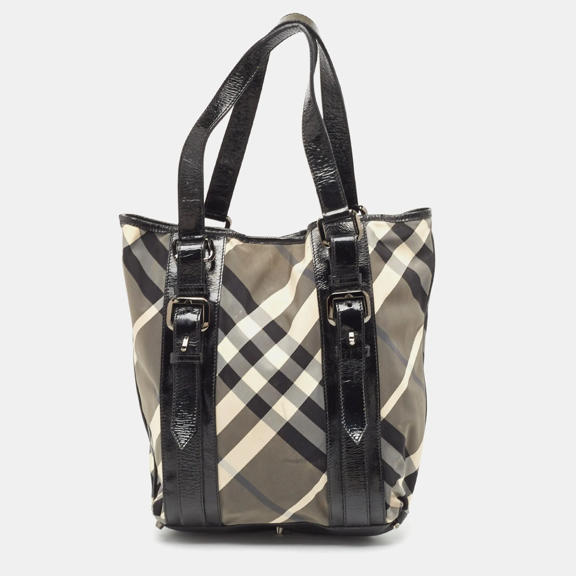 Trendy Inspired Burberry Black Beat Check Nylon And Patent Leather Victoria Tote